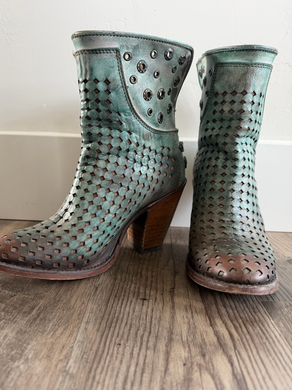 Corral Teal-Green Distressed Perforated Leather Bootie - Picture 6 of 7
